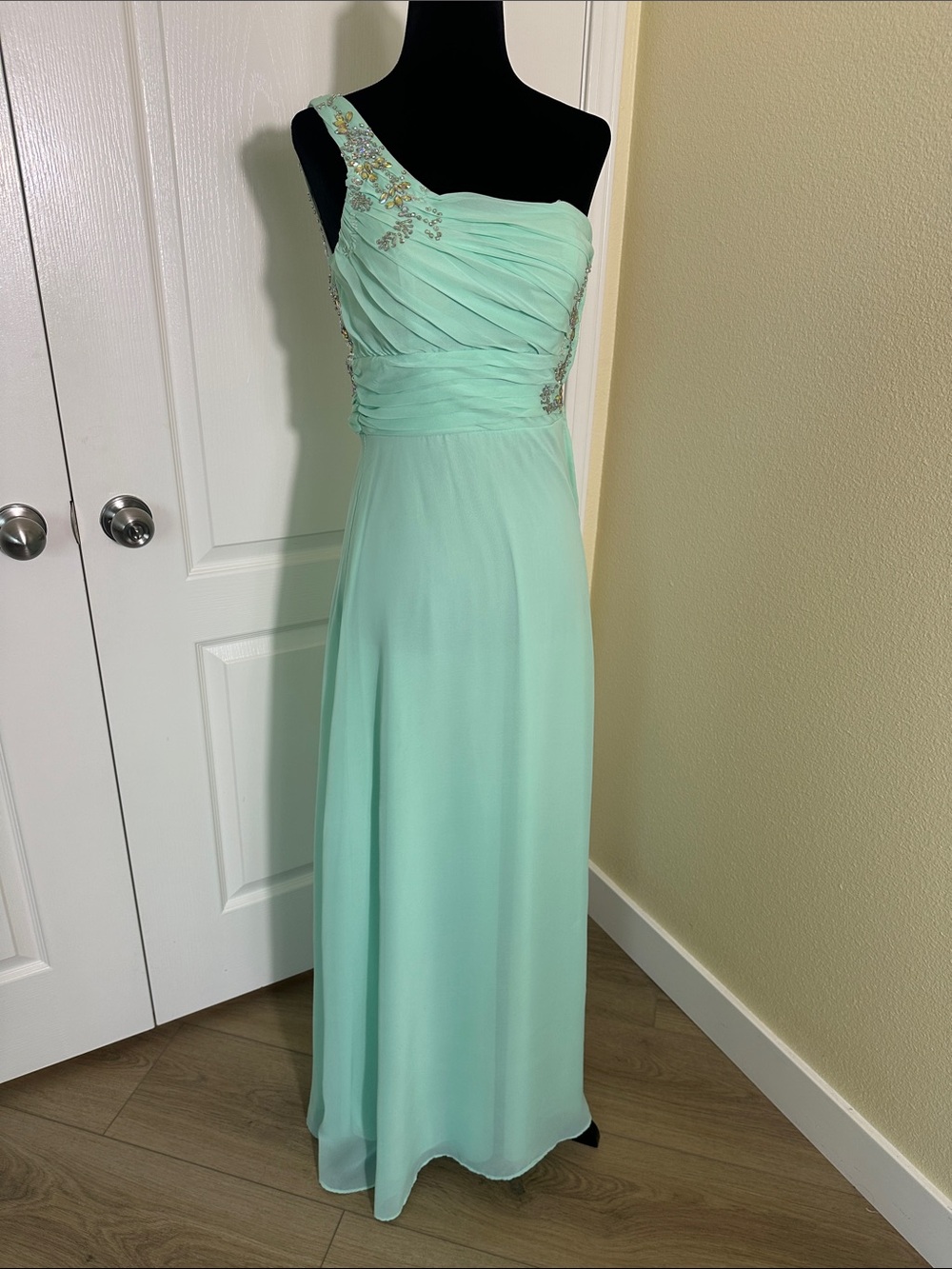 One-Shoulder Mint Green Evening Gown by Masquerade. Iridescent stones. Size 1/2